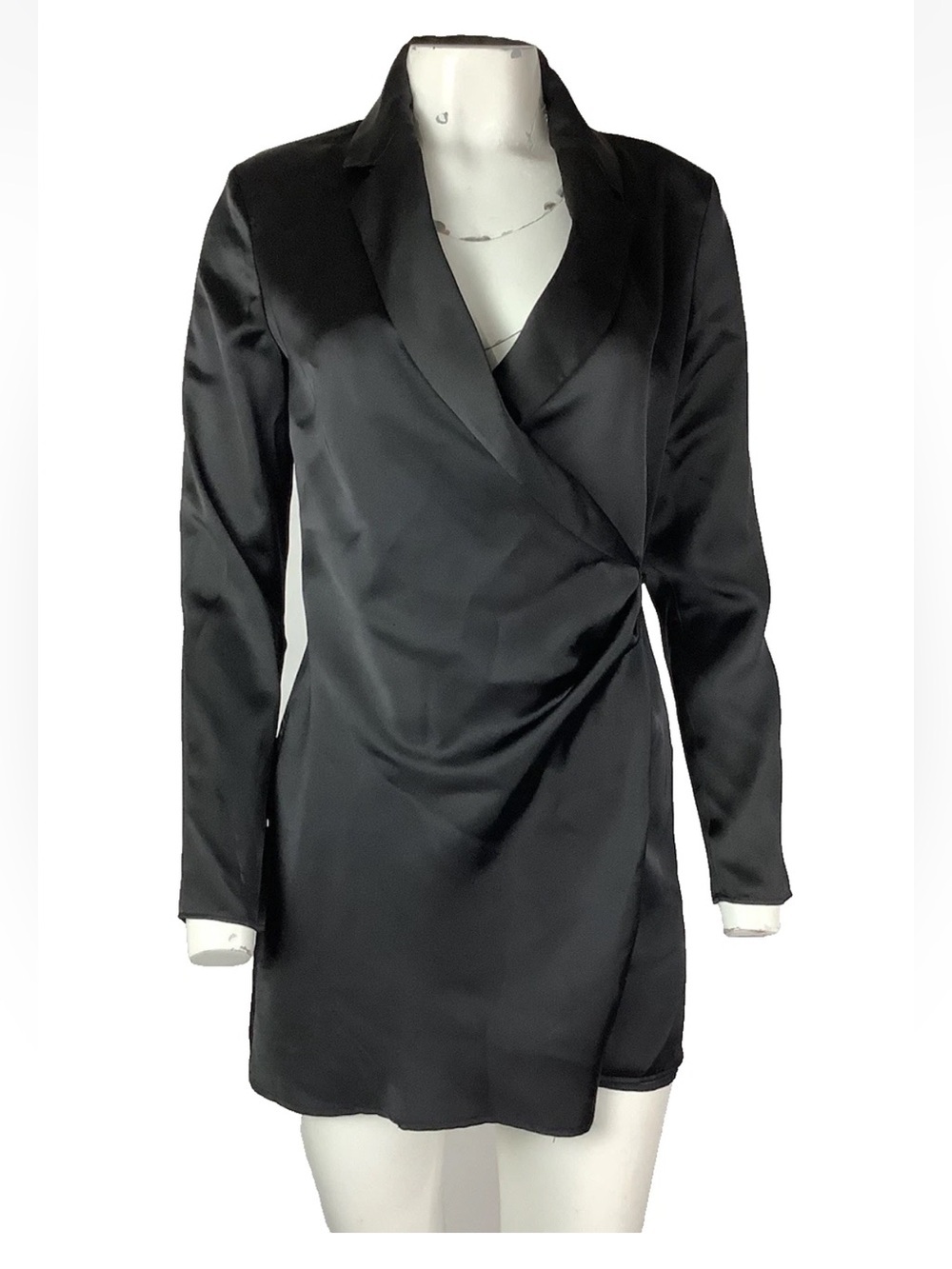 Zara Sz XS Satin Long Sleeve Wrap Mini Cocktail Business Dress Classic Black
